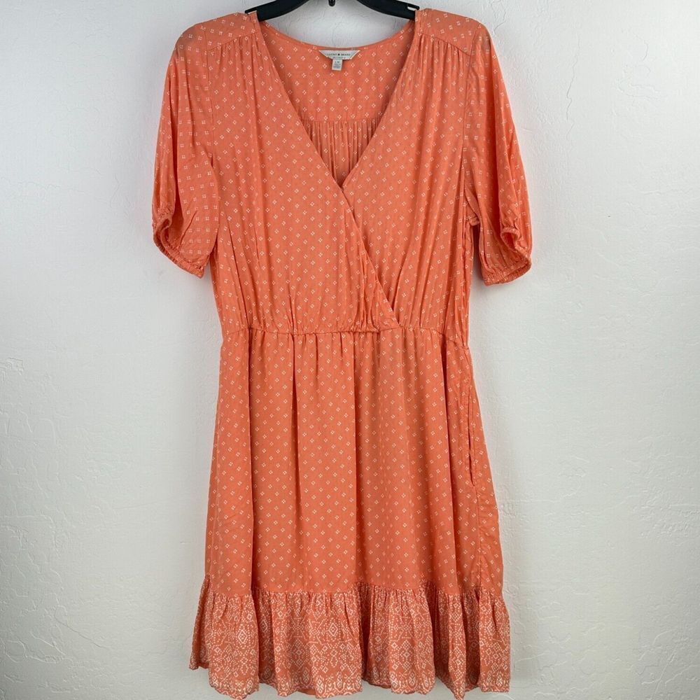 Lucky Brand Fit & Flare Dress Womens L Pink Floral Ruffle Surplice Short Sleeve